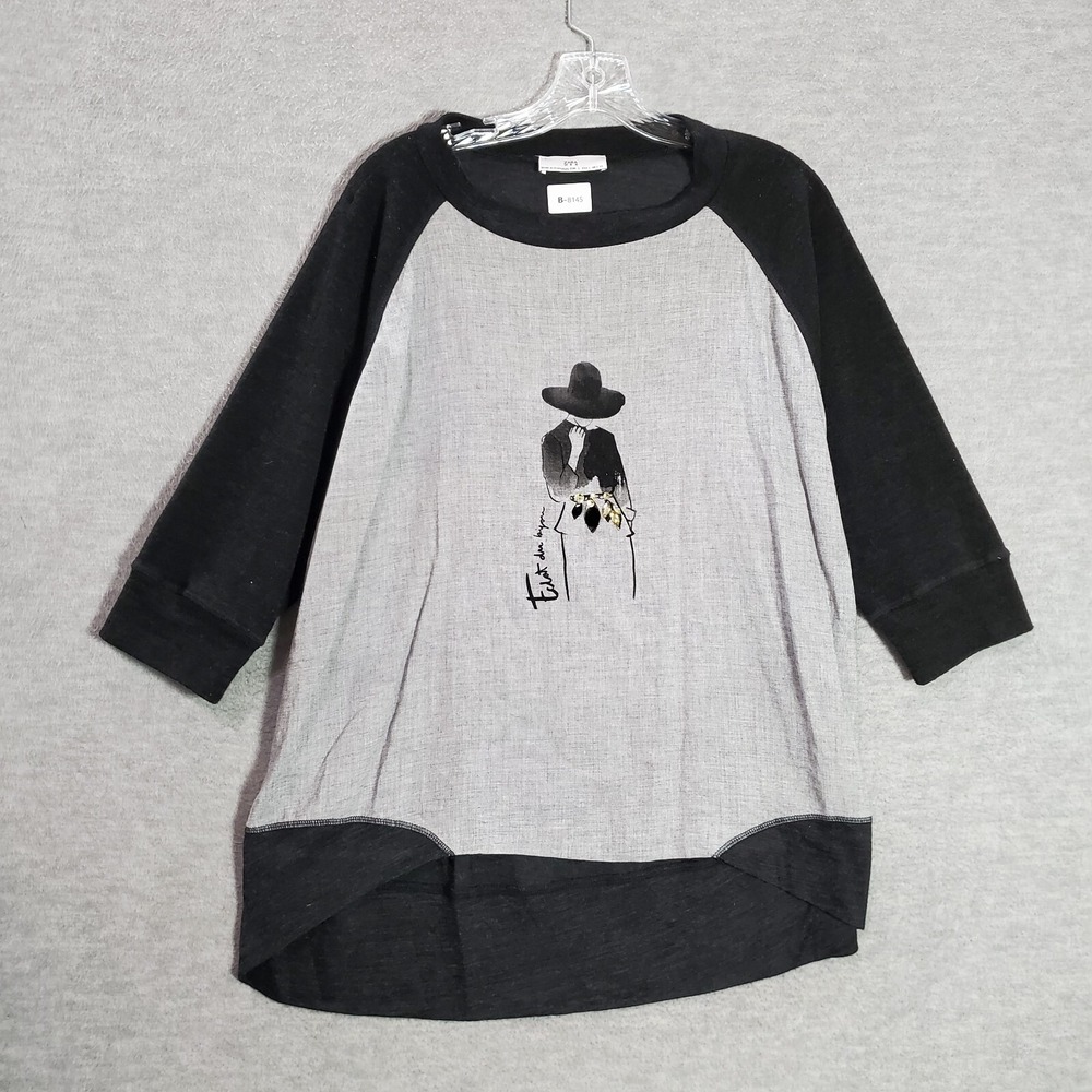VINTAGE Zara W & B Women Top L Gray Shirt Wool Blend Rhinestones Lady Graphic